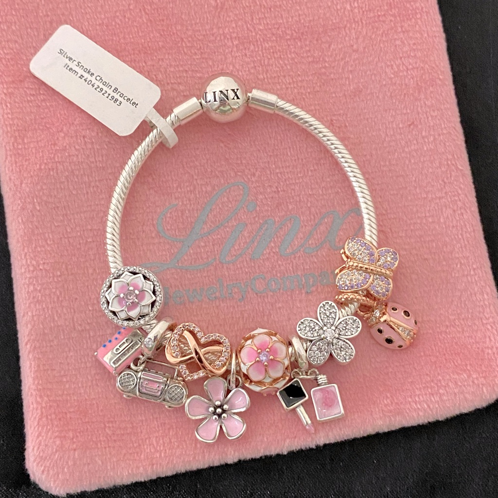 Linx Snake Chain Bracelet With Pink Rose Gold And Silver Themed Charms 169$